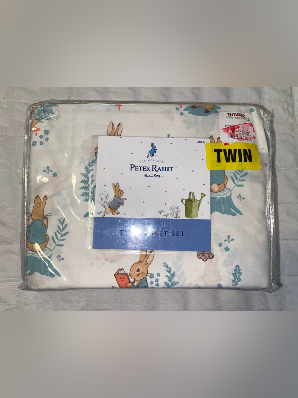 Peter Rabbit Twin Sheet Set in White with Blue and Tan Accents